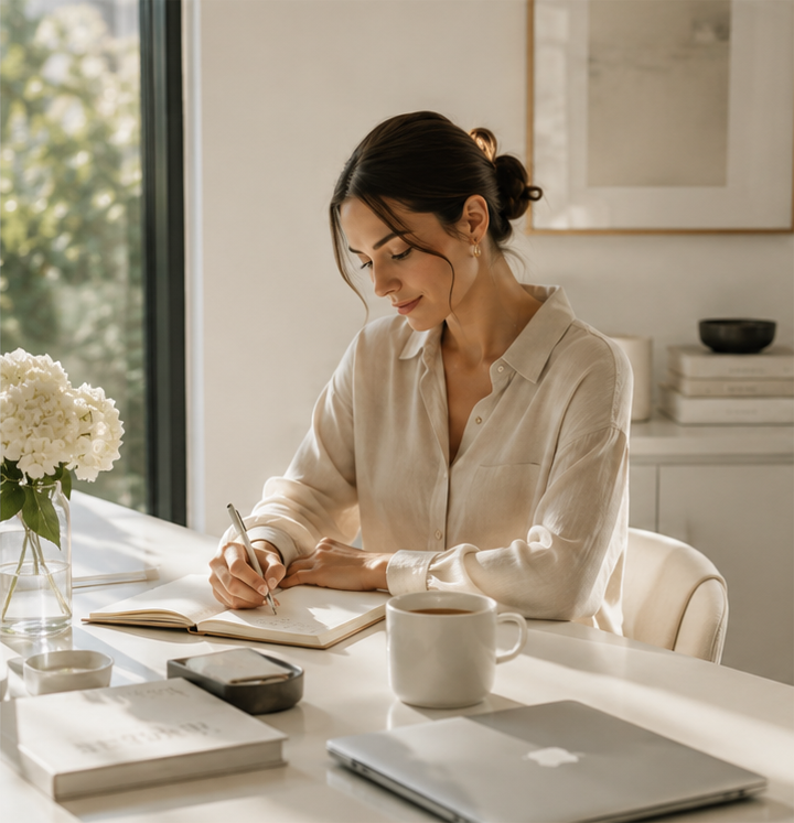 Woman writing in a notebook in a calm organized workspace